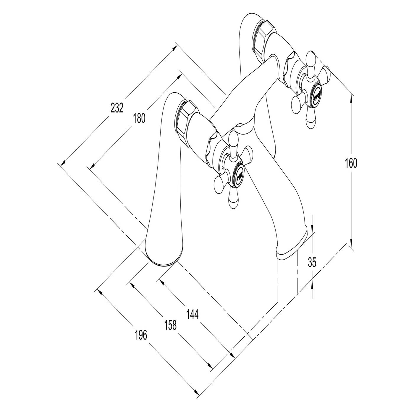 Bath Filler Tap Mixer Chrome Cross Head Handles Bathroom Traditional Faucet - Image 3