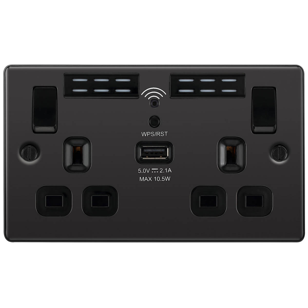 Switched Wall Socket USB Charging Port Wifi 2 Gang Double Black Nickel 13A - Image 2