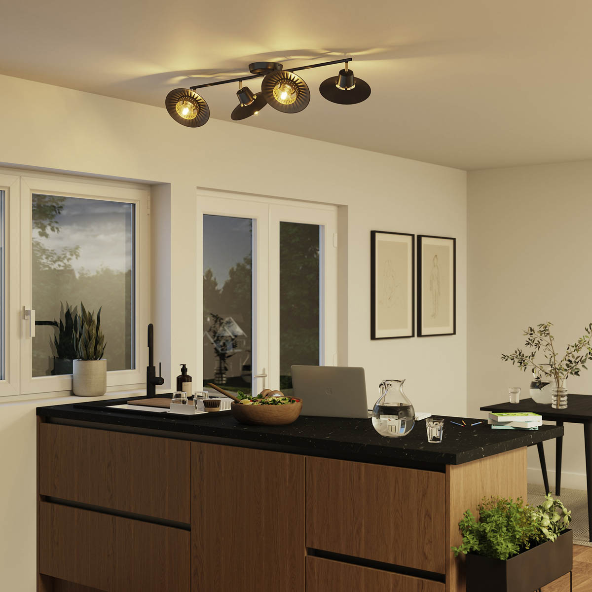 Ceiling Light 4 Lamp LED Tube Matt Metal Black Adjustable Heads Industrial - Image 2