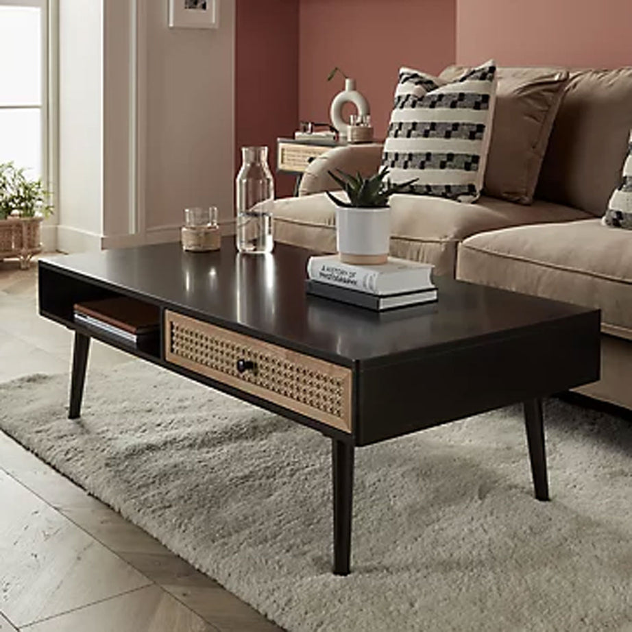Coffee Table Matt Black Wooden Rattan Effect Rectangular Living Room Modern - Image 6