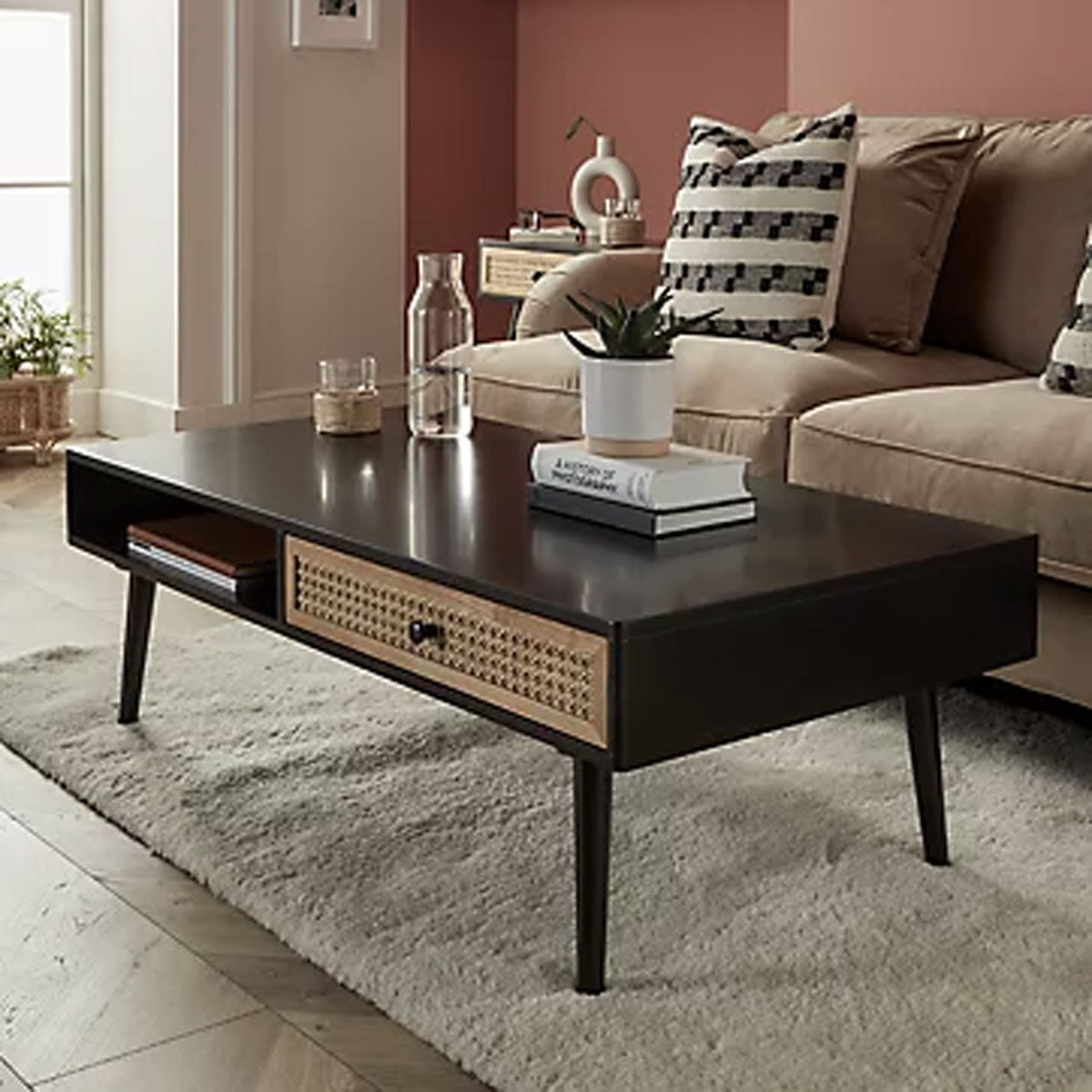 Coffee Table Matt Black Wooden Rattan Effect Rectangular Living Room Modern - Image 6