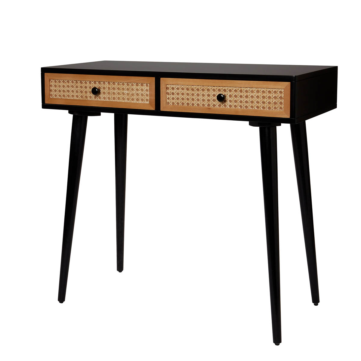 Leona Console Table 2 Drawer Matt Black Rattan Effect (H)790 (W)400 (D)800mm - Image 1