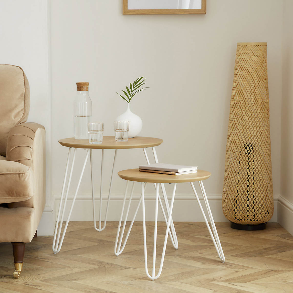 Side Table Oak Effect White Legs Living Room Bedside Sofa End Round Set Of 2 - Image 1