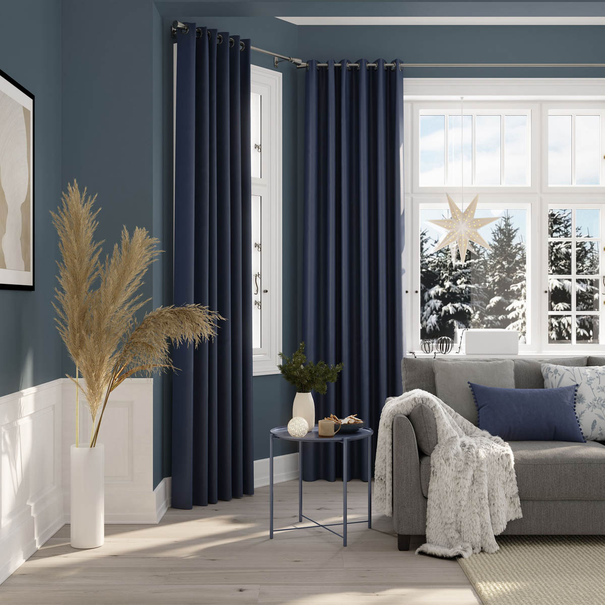 Eyelet Curtain Navy Plain Blackout Thermal Ready Made Ring Top Pair W228xL228cm - Image 1