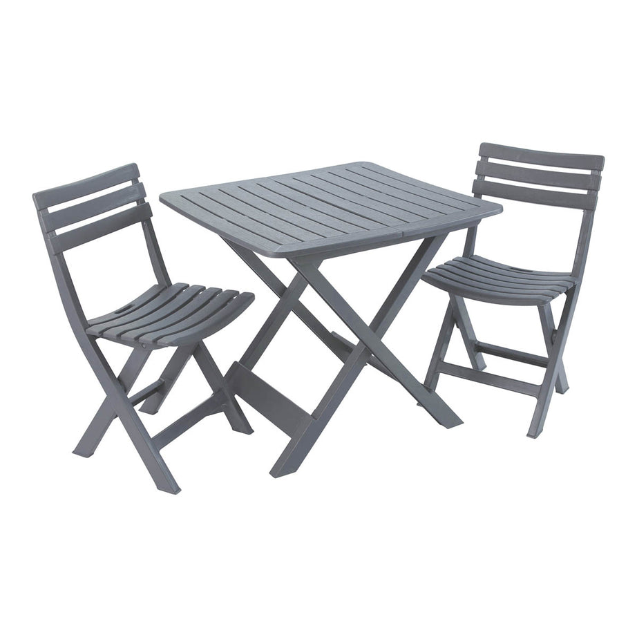 Garden Dining Bistro Set Foldable Table 2 Chairs Grey Plastic Compact Balcony - Image 1