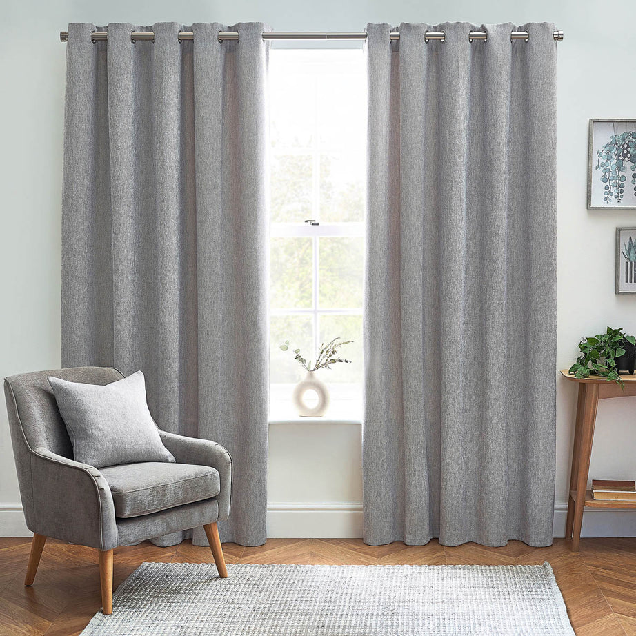 Eyelet Curtains Blackout Thermal Grey Pair Woven Effect Heavy Weight W167 L183cm - Image 1