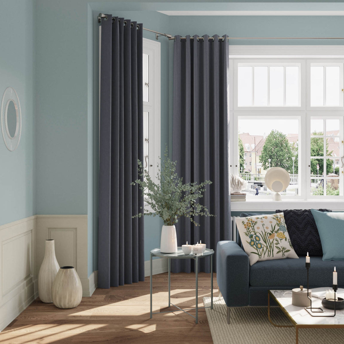 Eyelet Curtain Deep Navy Velvet Lined Ready Made Ring Top Pair Indoor 117x137cm - Image 2