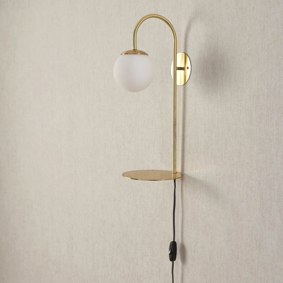 Wall Light Indoor Brass Effect Plug-in Globe Glass Shade Inline Switch Modern - Image 2