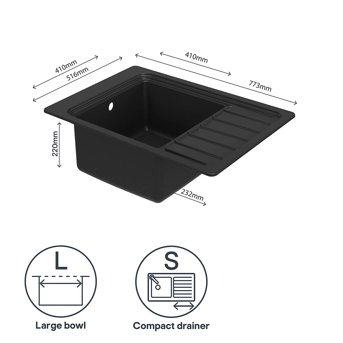 GoodHome Romesco 1 Bowl Quartz Kitchen Sink Drainer Black 773mm - Image 8