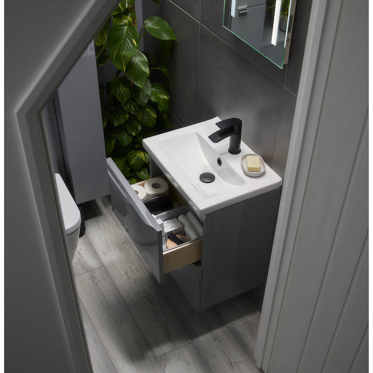 Bathroom Cabinet Vanity Unit Imandra Slimline Gloss Grey Wall Mounted Furniture - Image 4