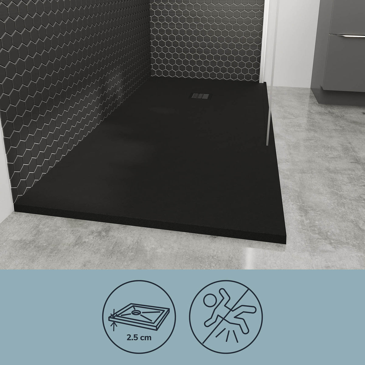 Shower Tray Matt Black 28mm Rectangular Centre Drain Antibacterial Bathroom - Image 6