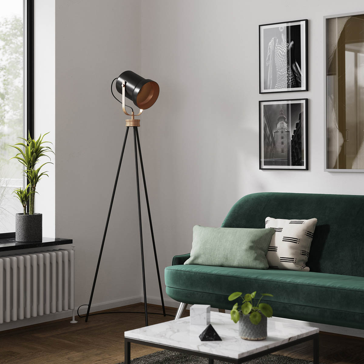 LED Floor Lamp Tripod Matt Black Copper Effect Bedside Living Room Bedroom 15W - Image 3