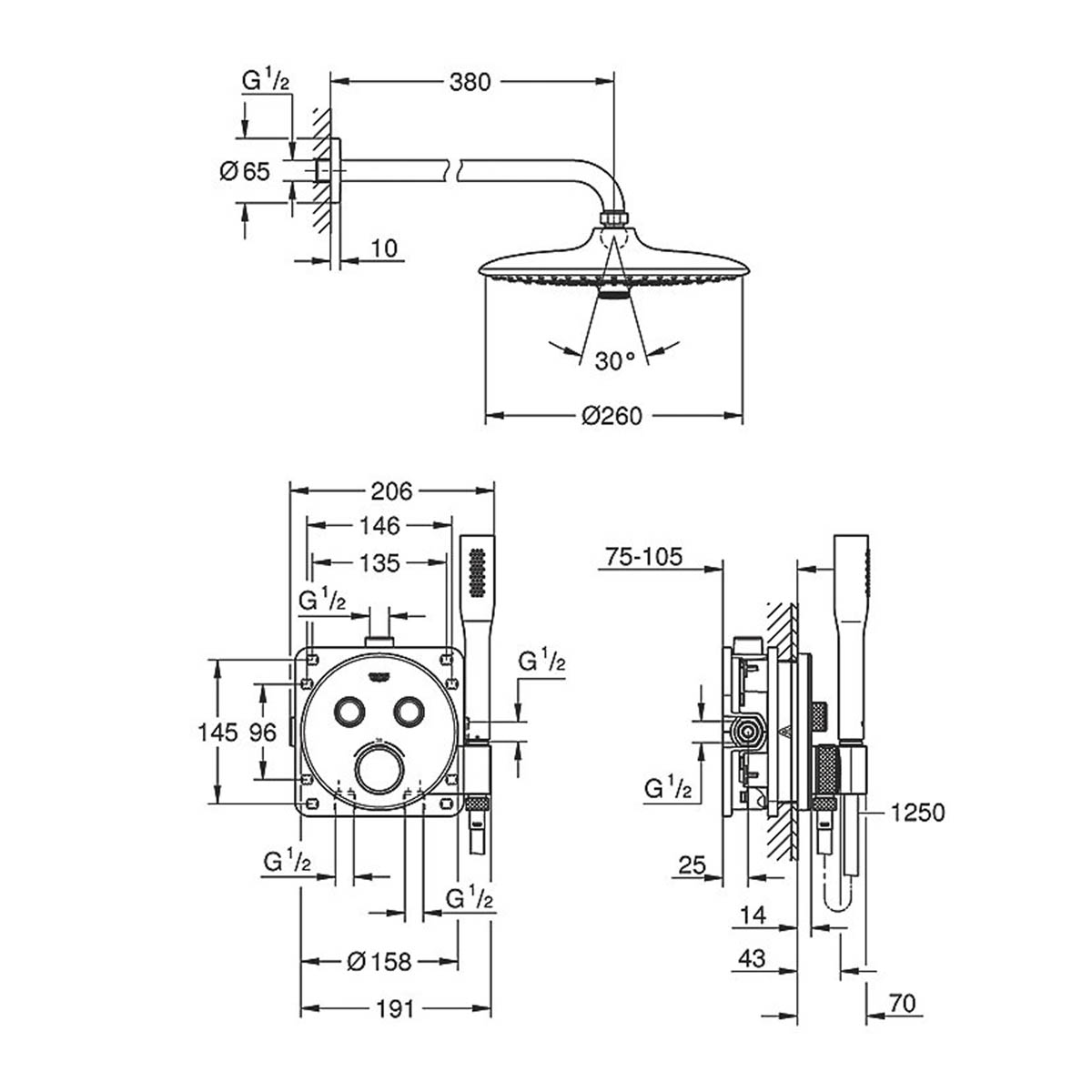 Grohe Thermostatic Shower Set 3 Spray Pattern SmartControl Round Fixed Chrome - Image 3