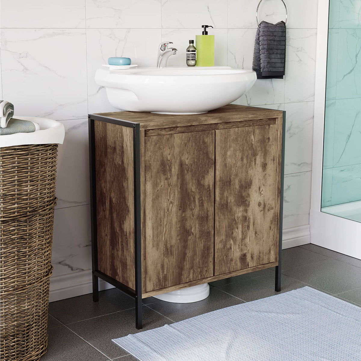 Bathroom Sink Cabinet Matt Brown Chipboard Freestanding Double Storage Furniture - Image 3