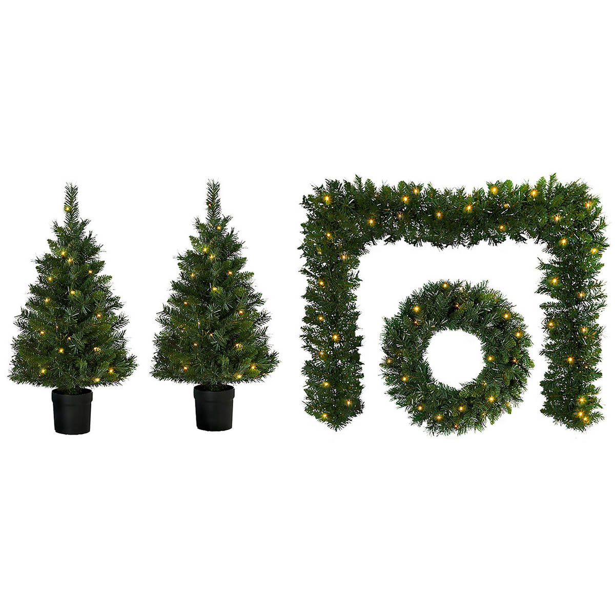 Christmas Decoration Set 4 Piece Trees Garland Wreath Pre-Lit Outdoor Green - Image 1