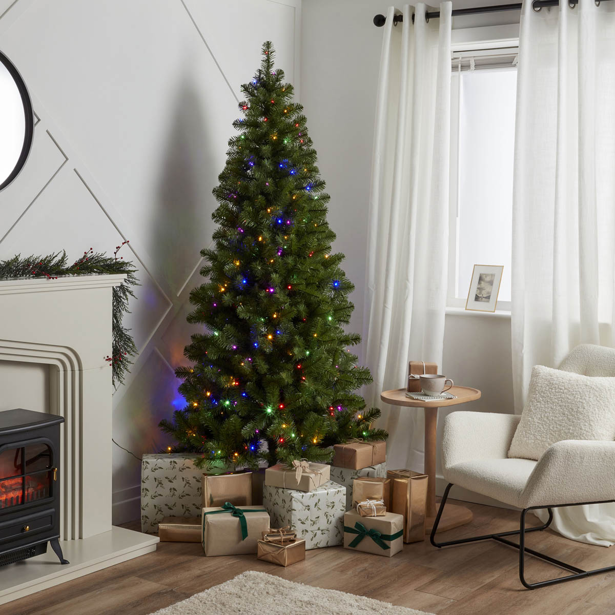 Christmas Tree 6ft Pre-Lit Green Artificial LED 200 Multicolour Hinged Indoor - Image 1