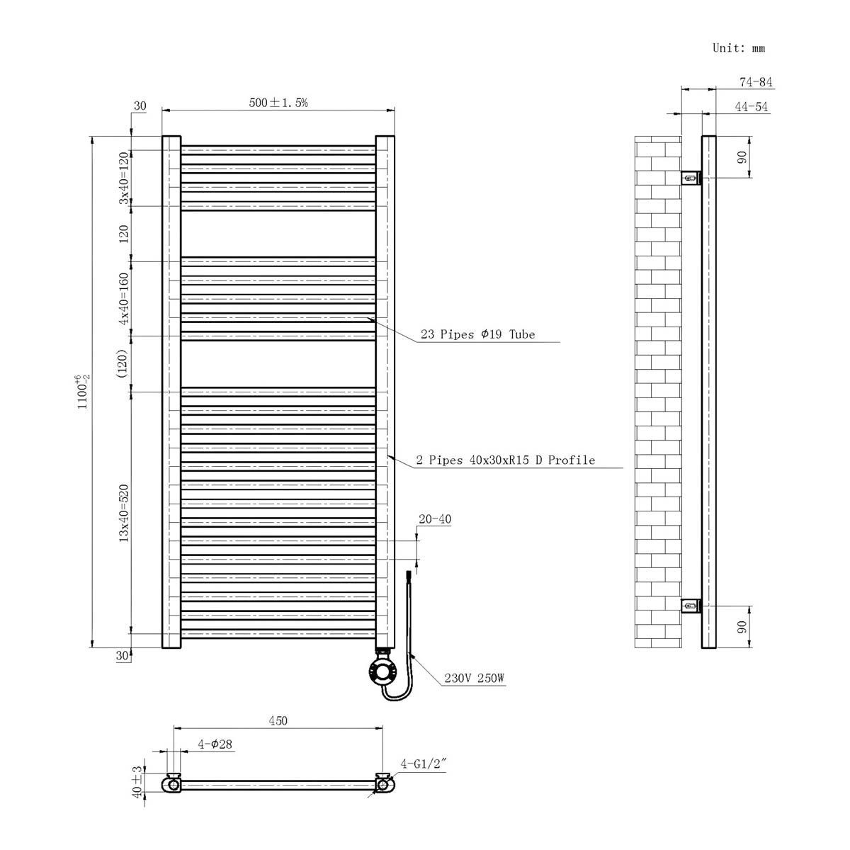 Flomasta Electric Towel Rail Radiator Brass Flat Bathroom Warmer (H)110x(W)50cm - Image 5