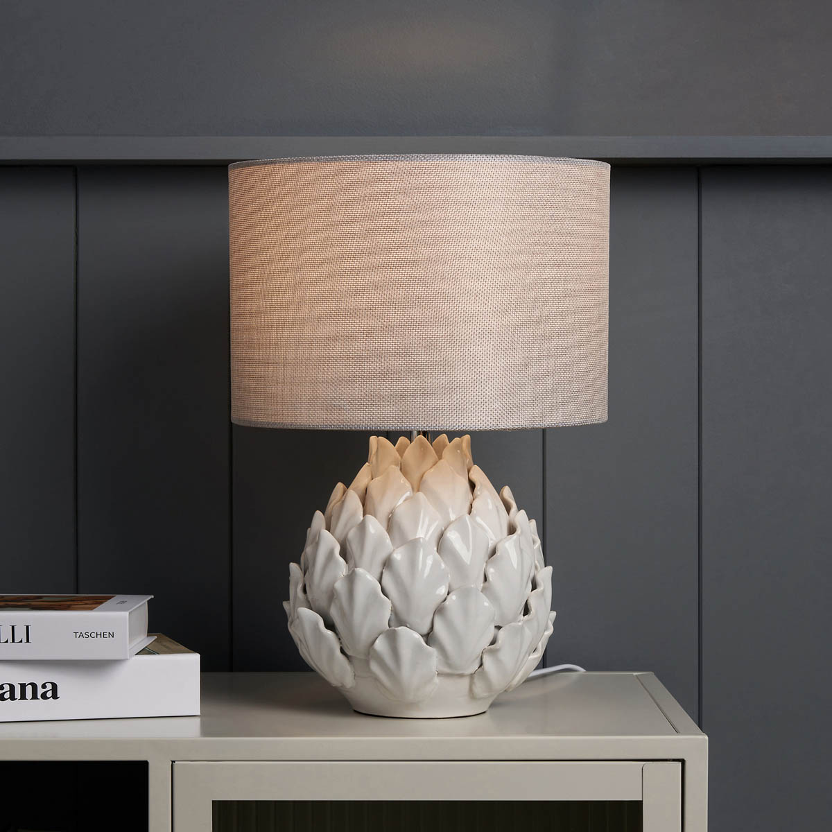 Inlight Table Lamp Gloss White Ceramic Artichoke Round Silver Shade Modern - Image 6