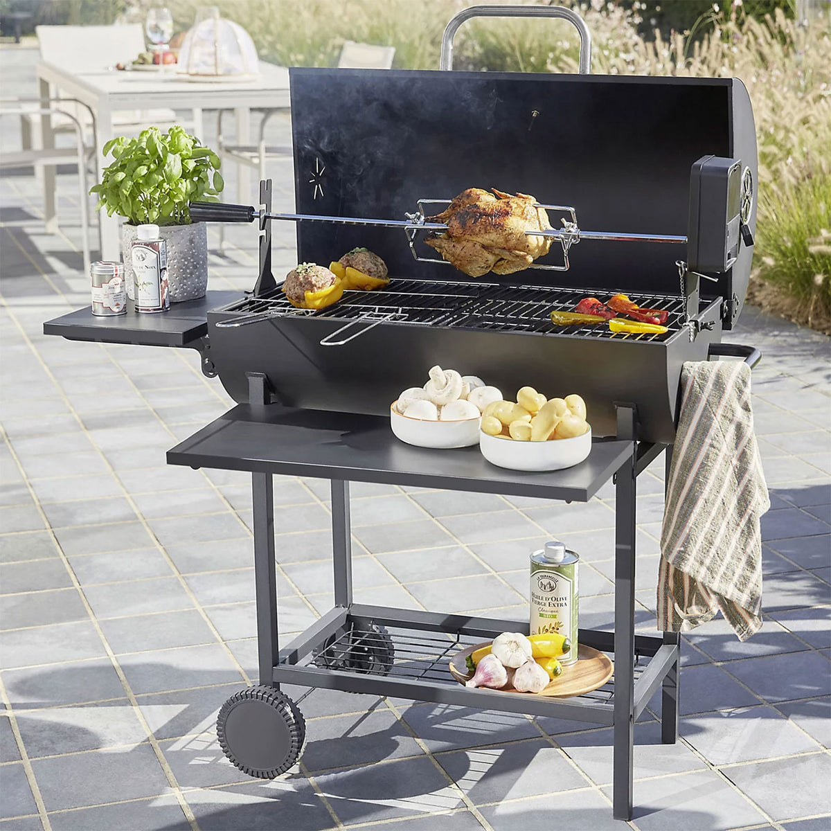 Griffin Black Charcoal Barbecue Rectangle Garden BBQ Grill Trolley Portable - Image 2