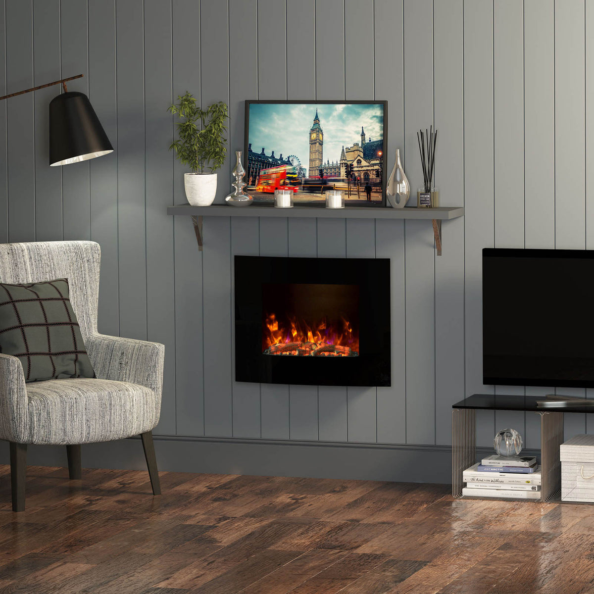 Electric Fire Fireplace 2kW Gloss Black Glass Effect Wall Mounted Heater - Image 4