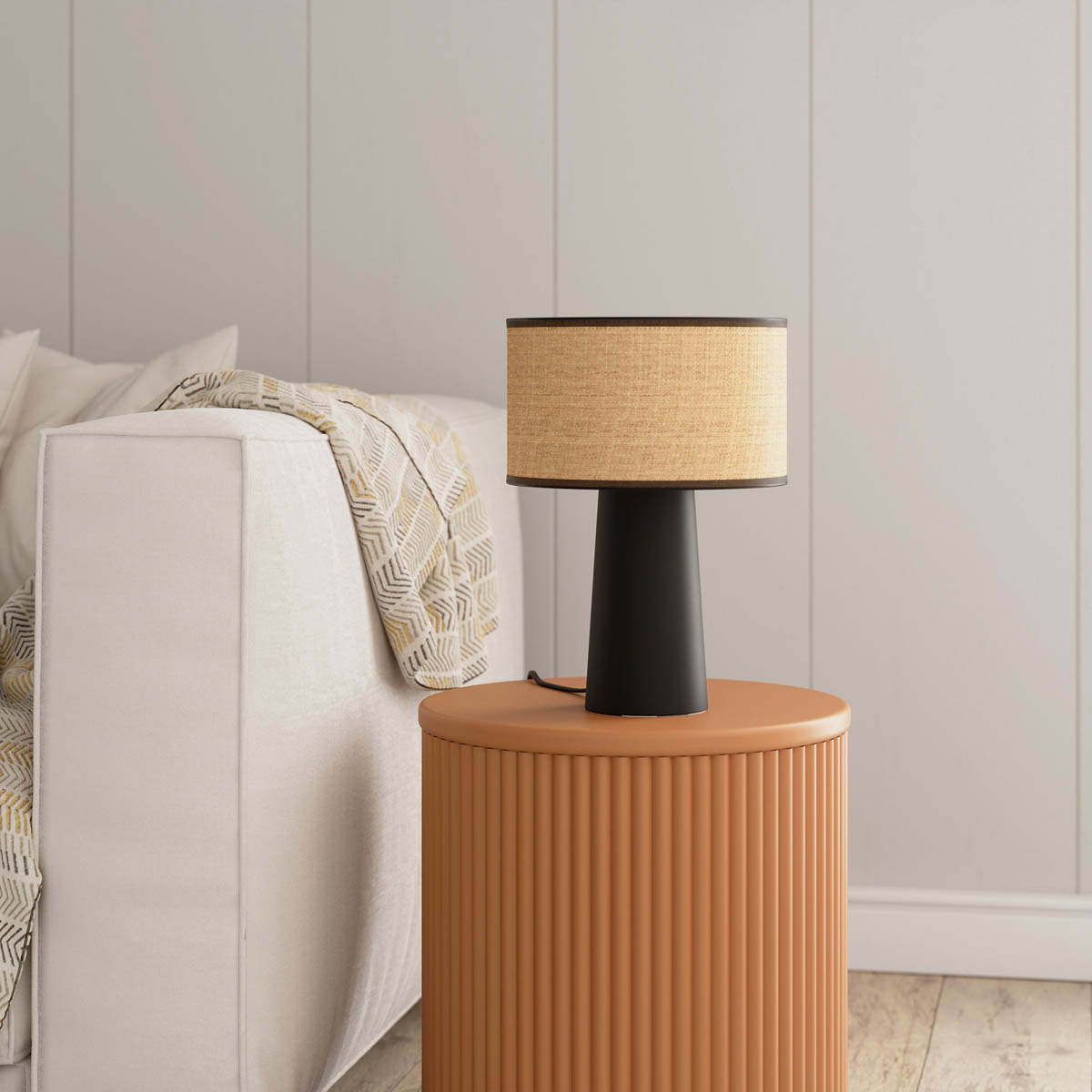 Table Lamp Matt Natural Black Metal Raffia Bedside Light Living Room Modern - Image 6