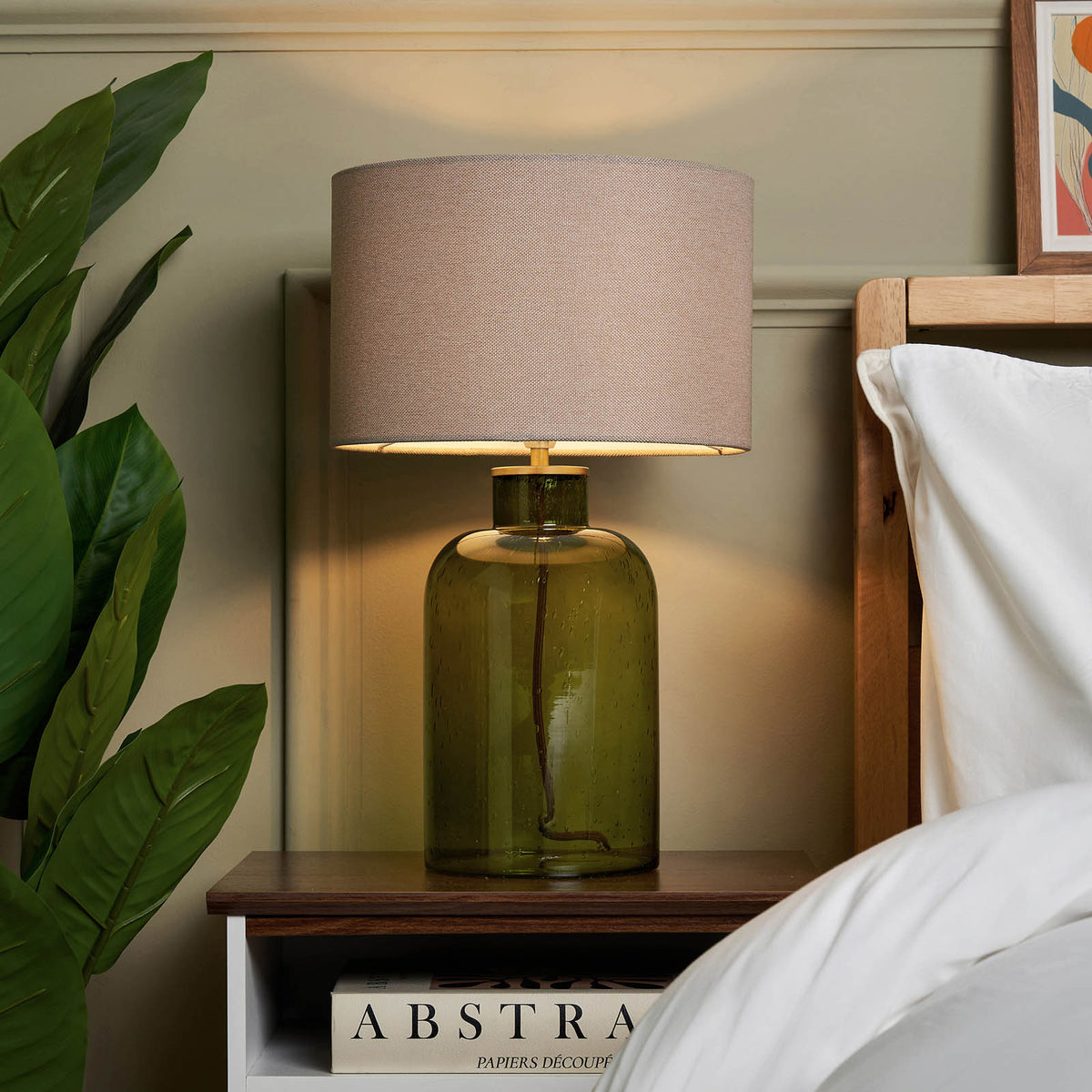 Inlight Table Lamp Round Green Glass Base Neutral Fabric Shade Contemporary - Image 2