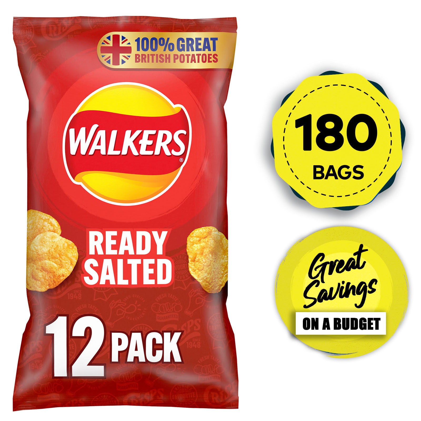 Walkers Crisps Ready Salted Multipack Sharing Snack 180 Bags x 25g - Image 1