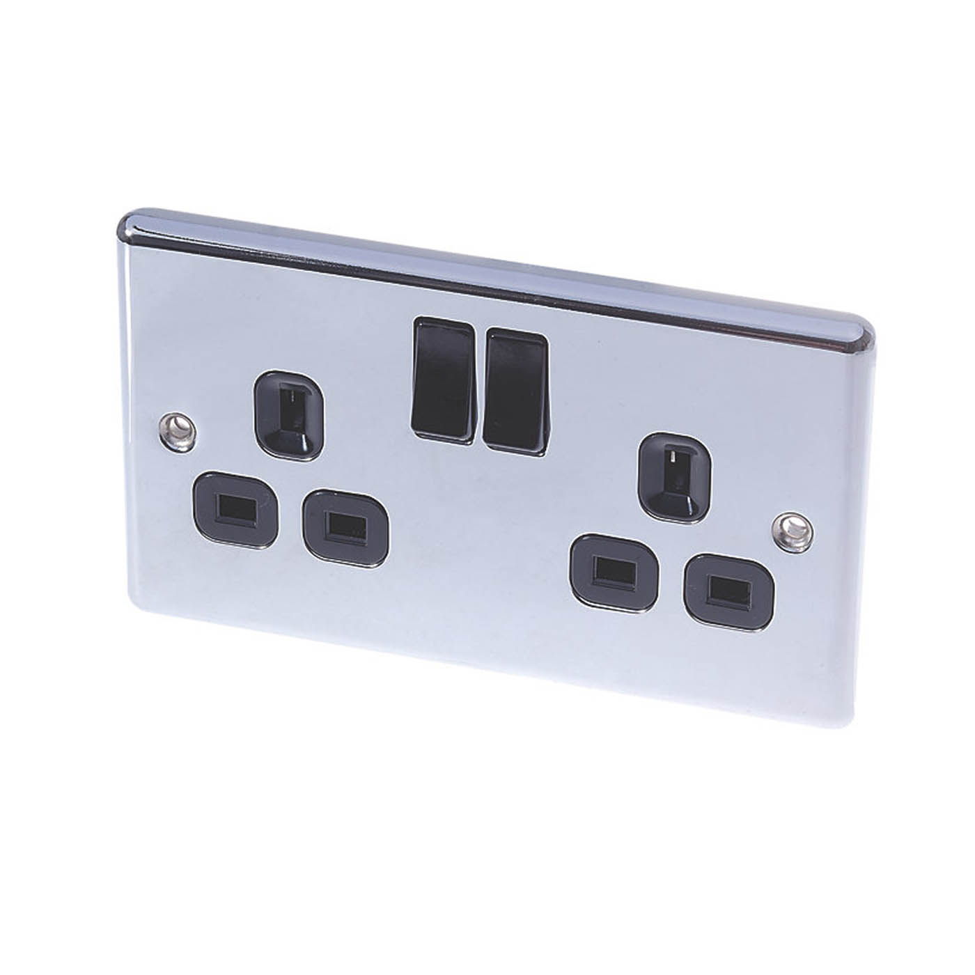 LAP Plug Sockets Switched 13A 2-Gang SP Polished Chrome Black Inserts Pack of 5 - Image 2