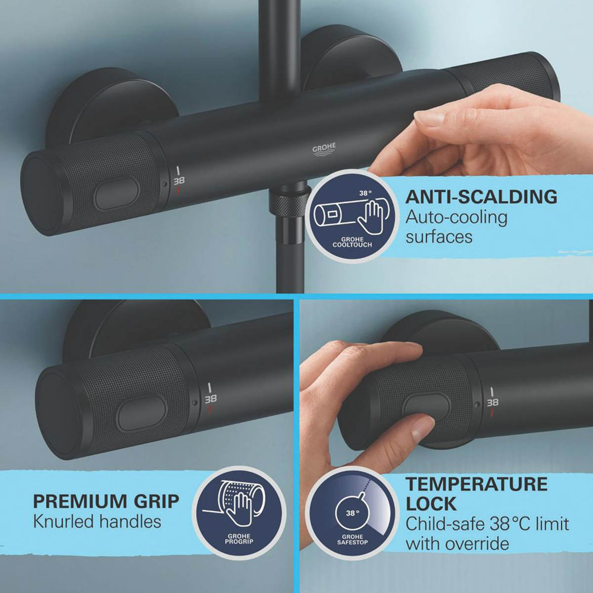 Grohe Thermostatic Mixer Shower Exposed Black 3 Spray Pattern Twin Round Head - Image 3