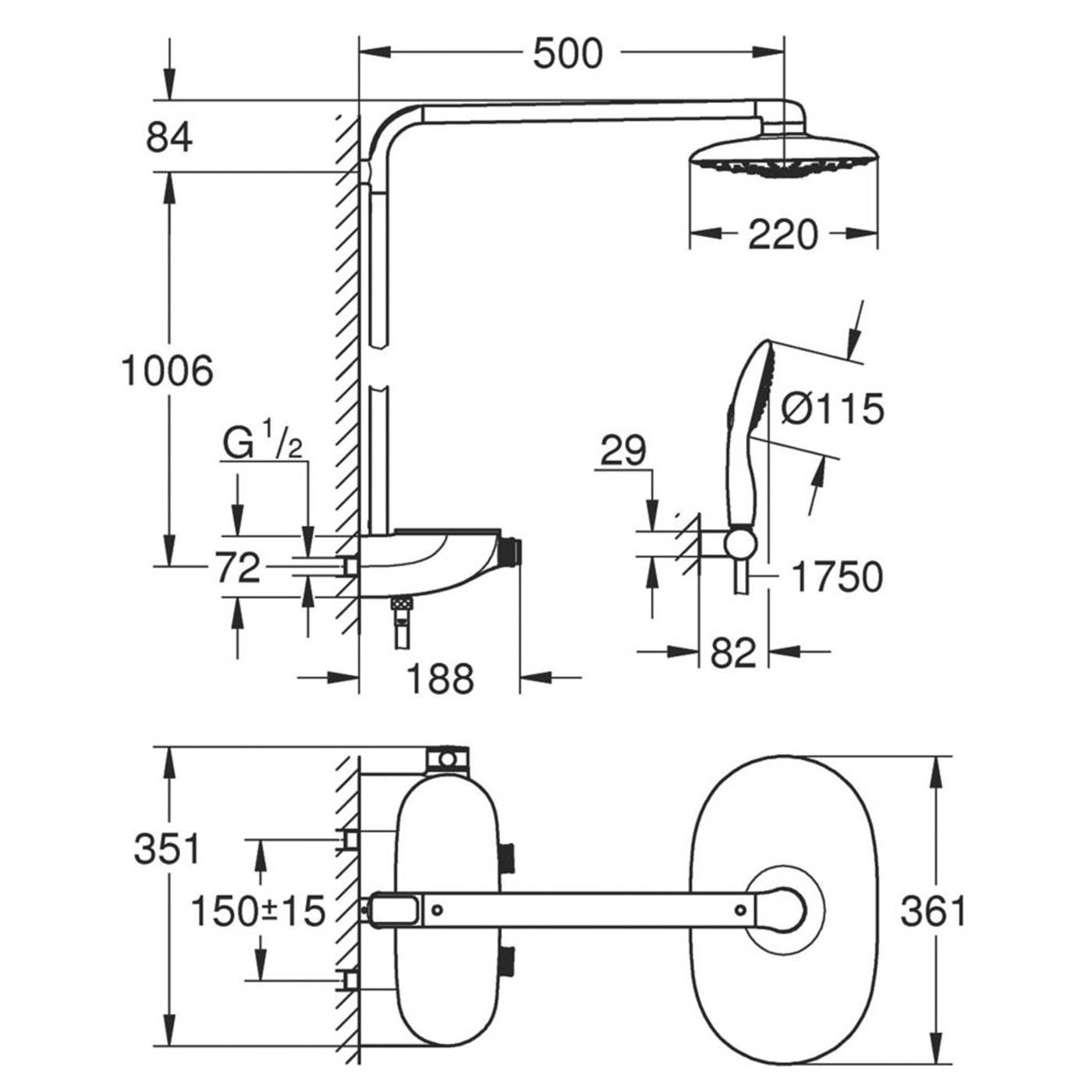 Grohe Thermostatic Shower System Exposed Chrome 2 Spray Pattern Dual Round Head - Image 5