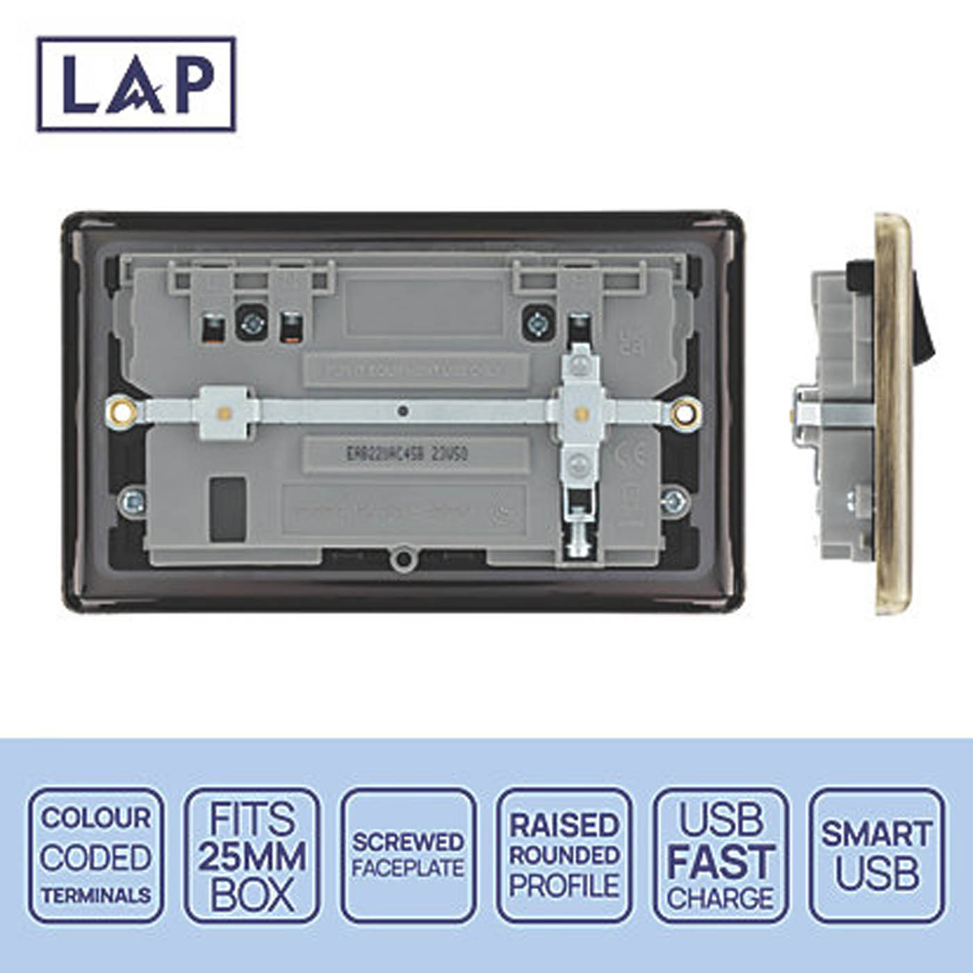LAP 13A 2-Gang SP Switched Socket 3A 45W 2-Outlet USB Charger Antique Brass - Image 4