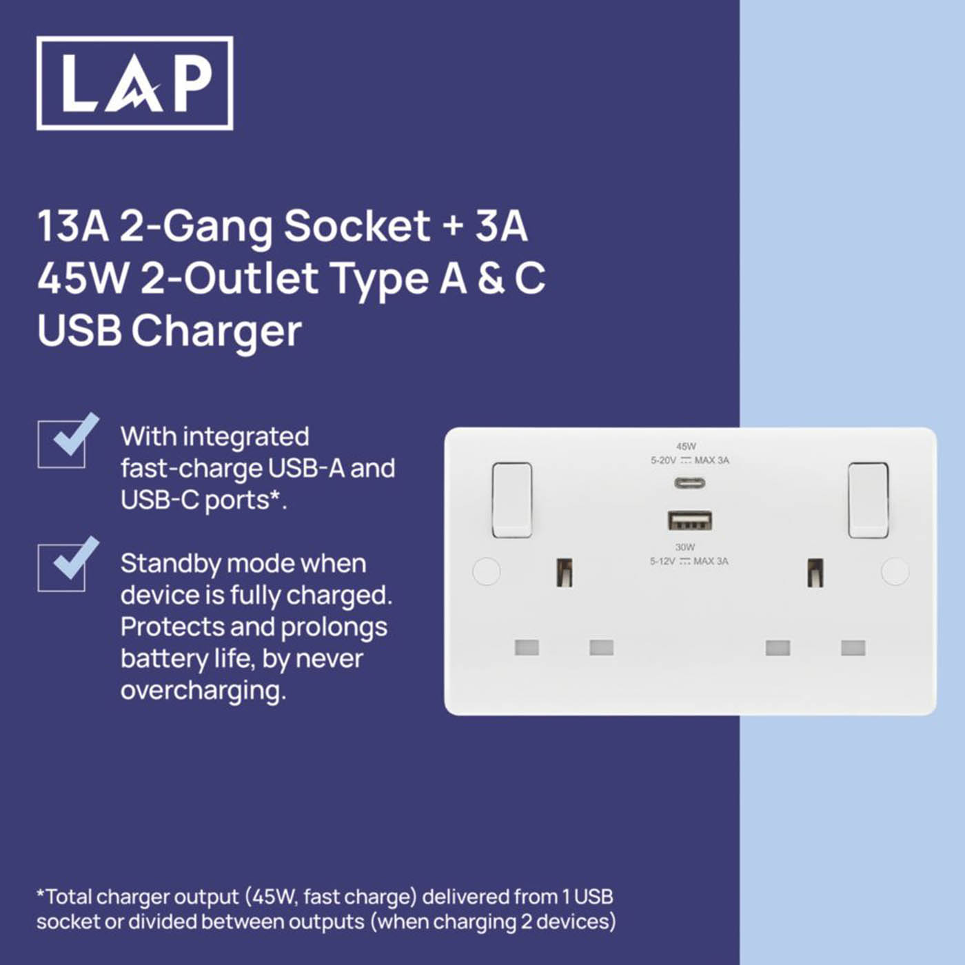 LAP 13A 2-Gang SP Switched Socket + 3A 45W 2-Outlet Type A & C USB Charger White - Image 2