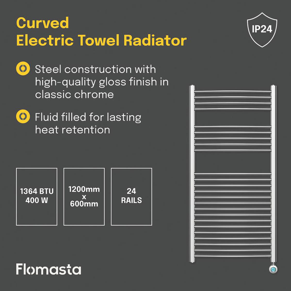 Flomasta Electric Towel Rail Radiator Curved Bathroom Warmer (H)120x(W)60cm - Image 4