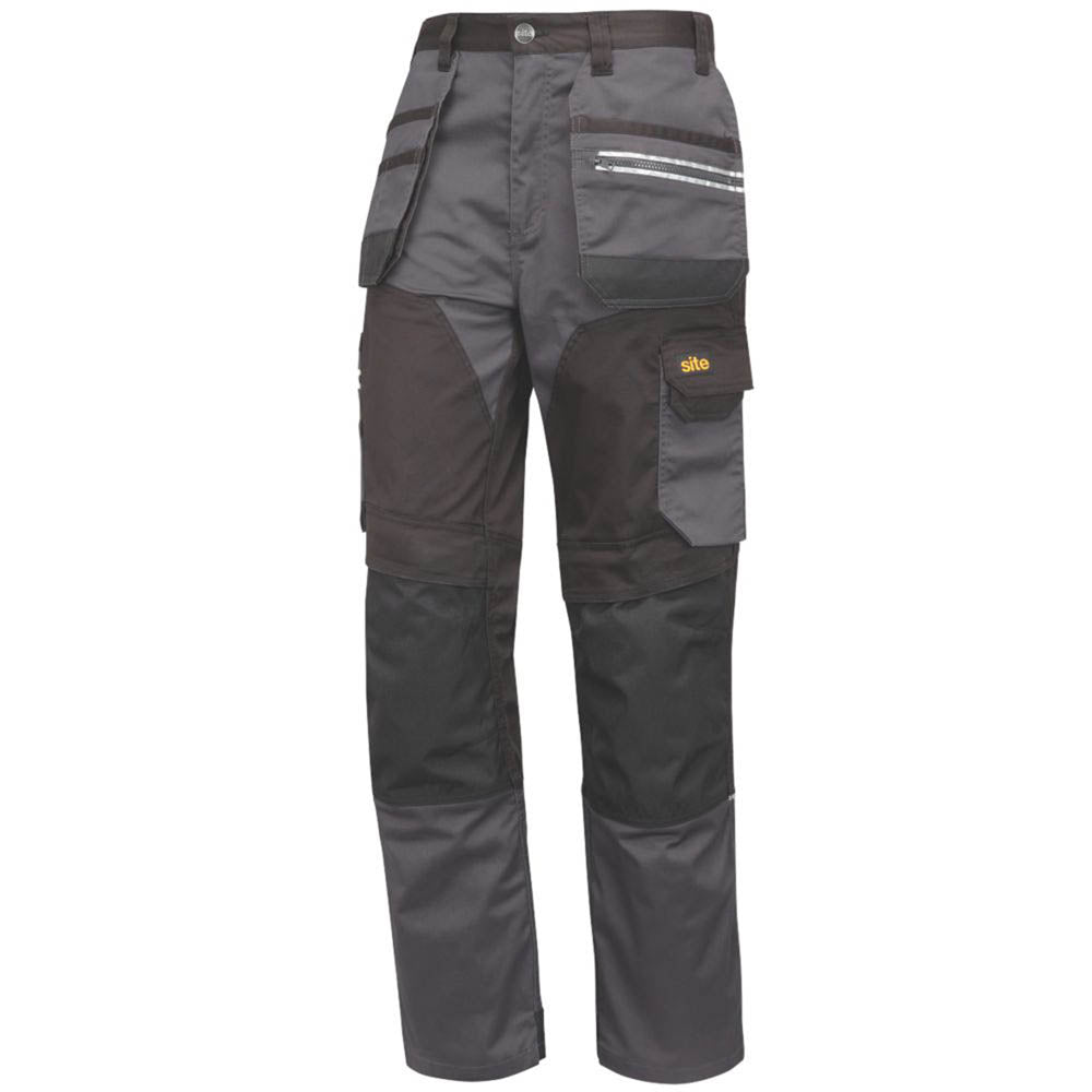 Site Work Trousers Mens Regular Fit Grey Black Stretch Multi Pockets 30"W 30"L - Image 1