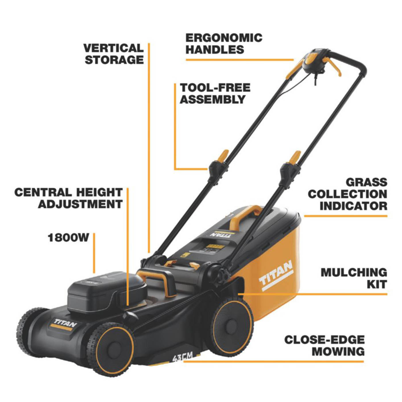 Titan Lawn Mower 230V 1800W 43cm 50Ltr Grass Bag 6 Cutting Heights - Image 3