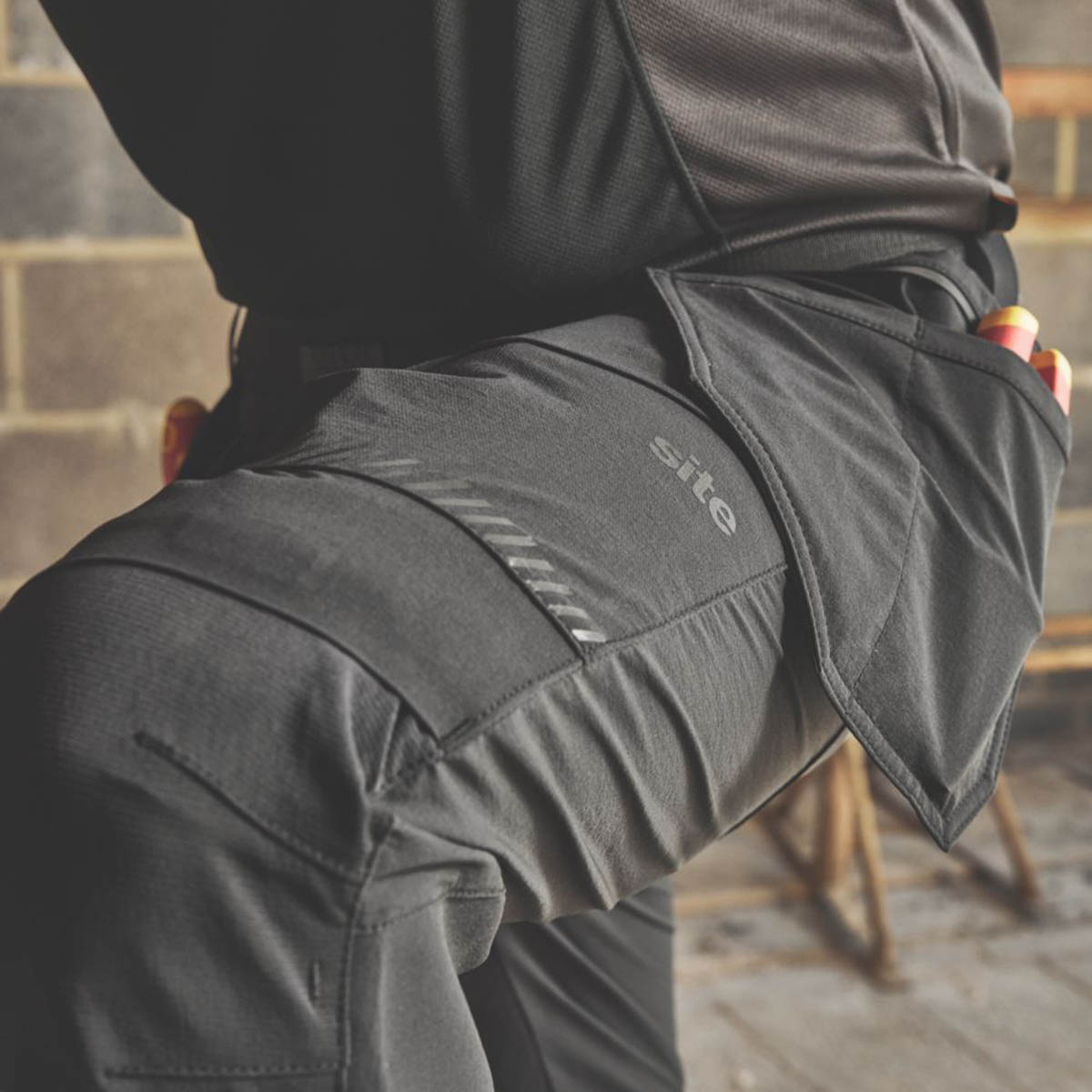 Site Work Trousers Mens Slim Fit Black Stretch Multi Pockets Cargo 32"W 32"L - Image 6