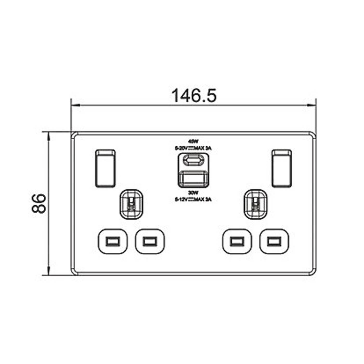 LAP 13A 2-Gang SP Switched Socket + 3A 45W 2-Outlet USB Charger Brushed Steel - Image 7