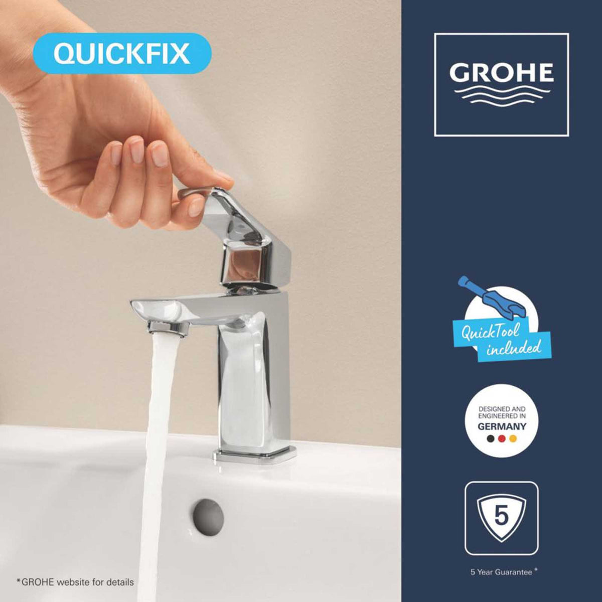 Grohe Dice Chrome 185mm Standard Lever Mono Basin Mixer Tap With Clicker Waste - Image 5