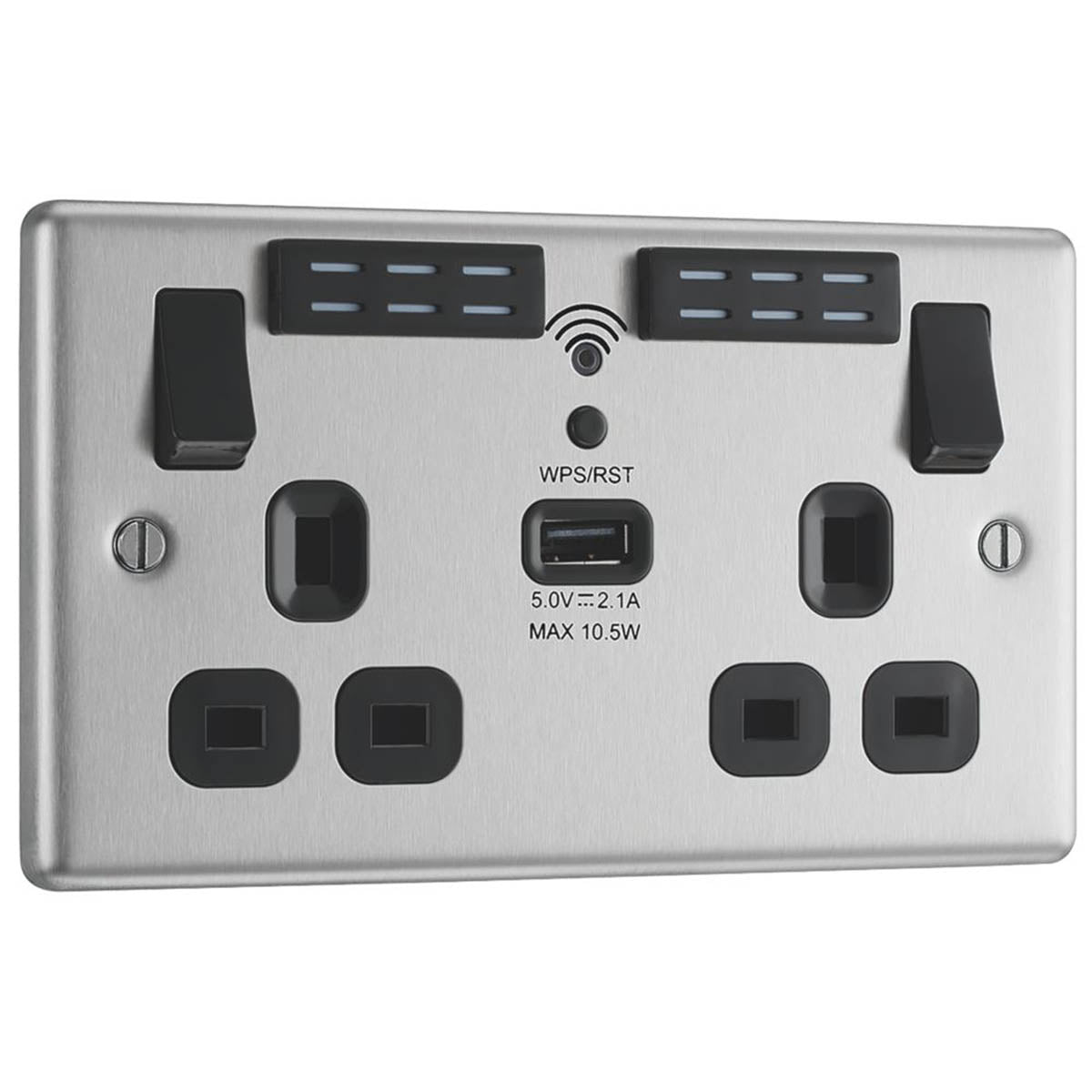 Double Wall Socket LED 2 Gang 2.1A USB A Port WiFi Extender 13A Brushed Steel - Image 1
