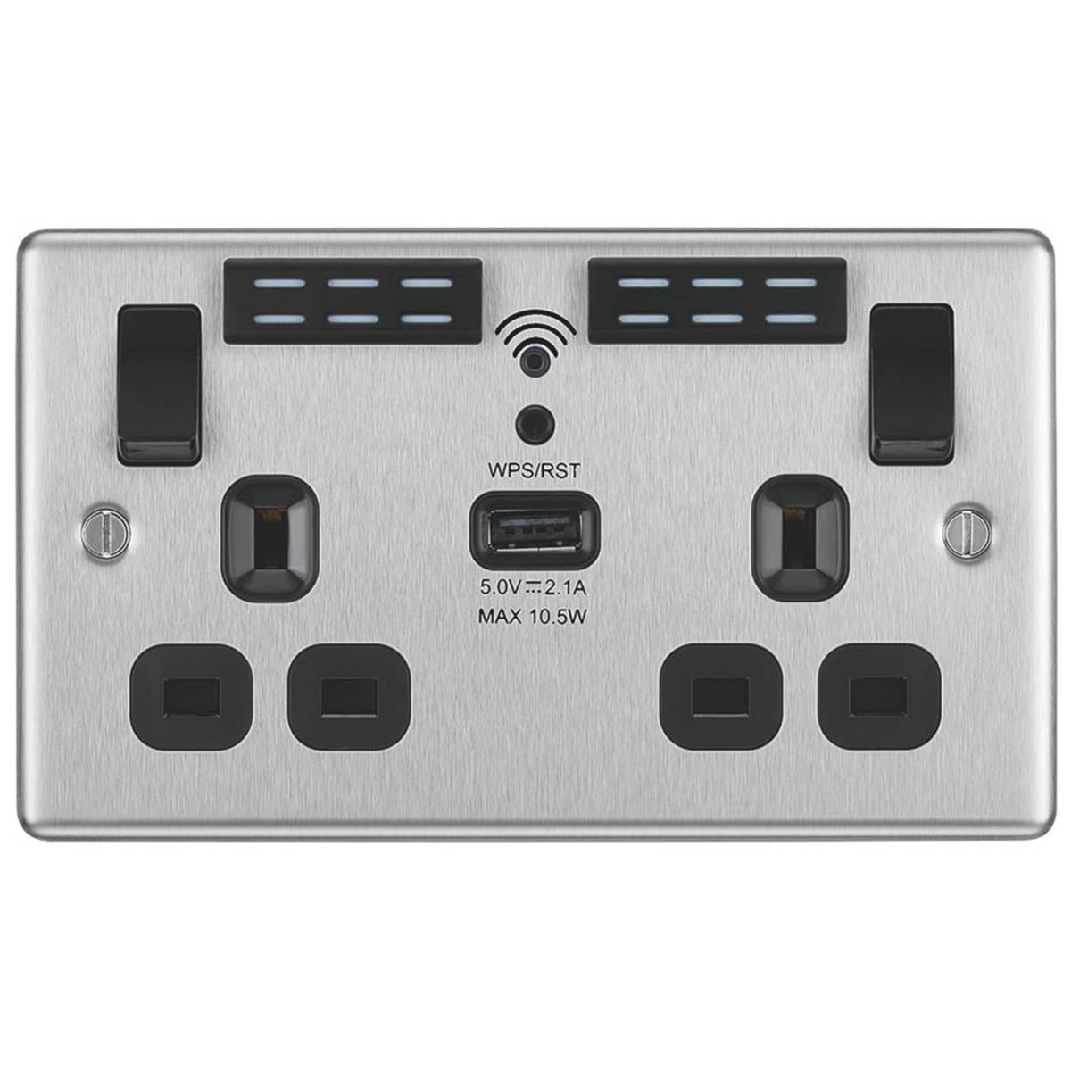 Double Wall Socket LED 2 Gang 2.1A USB A Port WiFi Extender 13A Brushed Steel - Image 2