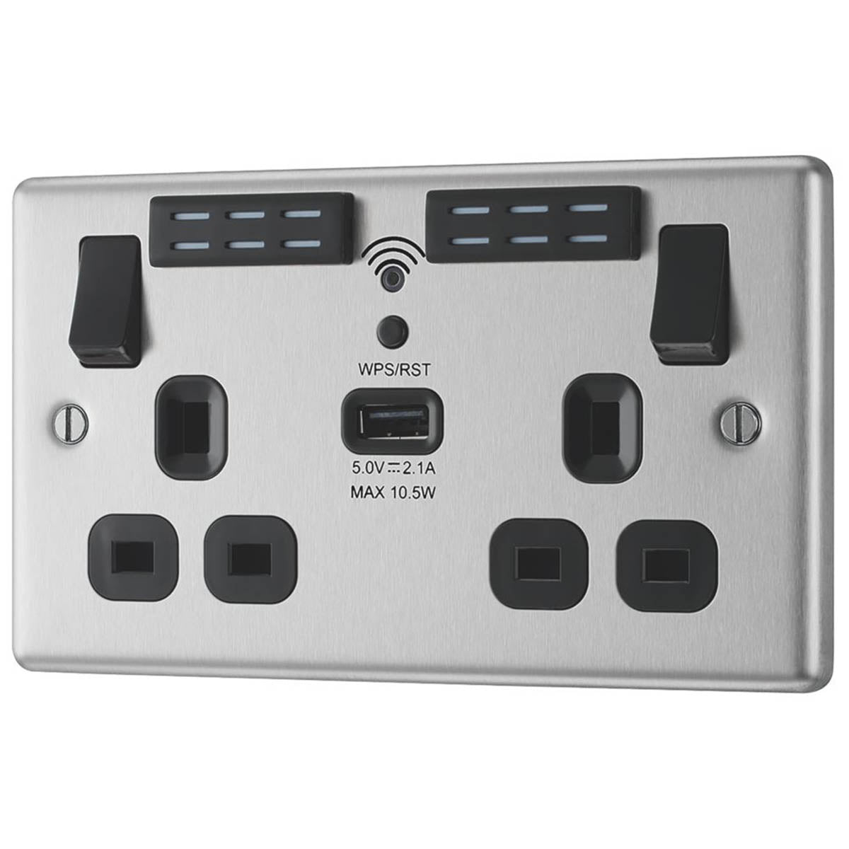 Double Wall Socket LED 2 Gang 2.1A USB A Port WiFi Extender 13A Brushed Steel - Image 5