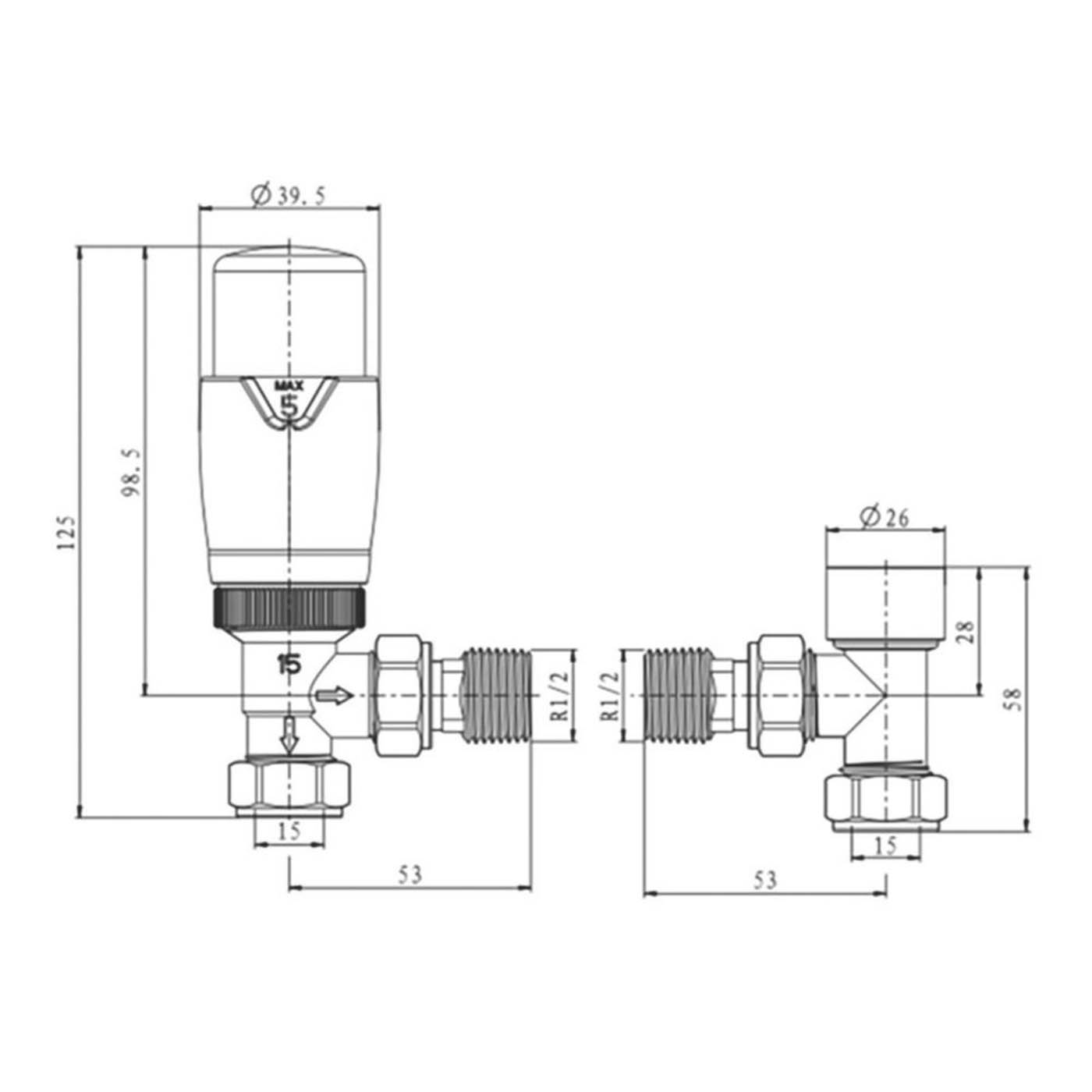 Reina Thermostatic Radiator Valve And Lockshield 15x15mm Anthracite Angled - Image 3