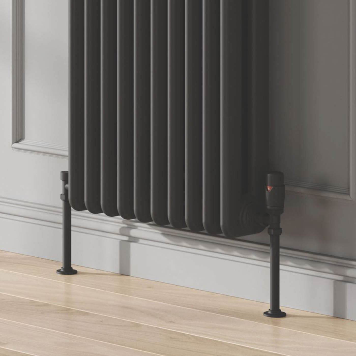 Reina Thermostatic Radiator Valve And Lockshield 15x15mm Modal TRV Black Angled - Image 2