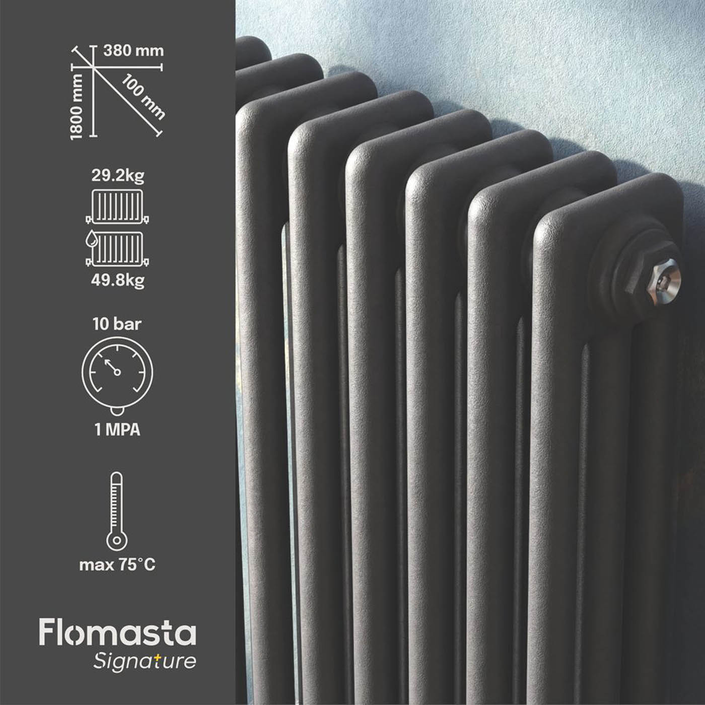 Flomasta 3 Column Radiator Anthracite Vertical Central Heating Modern 180x38cm - Image 4