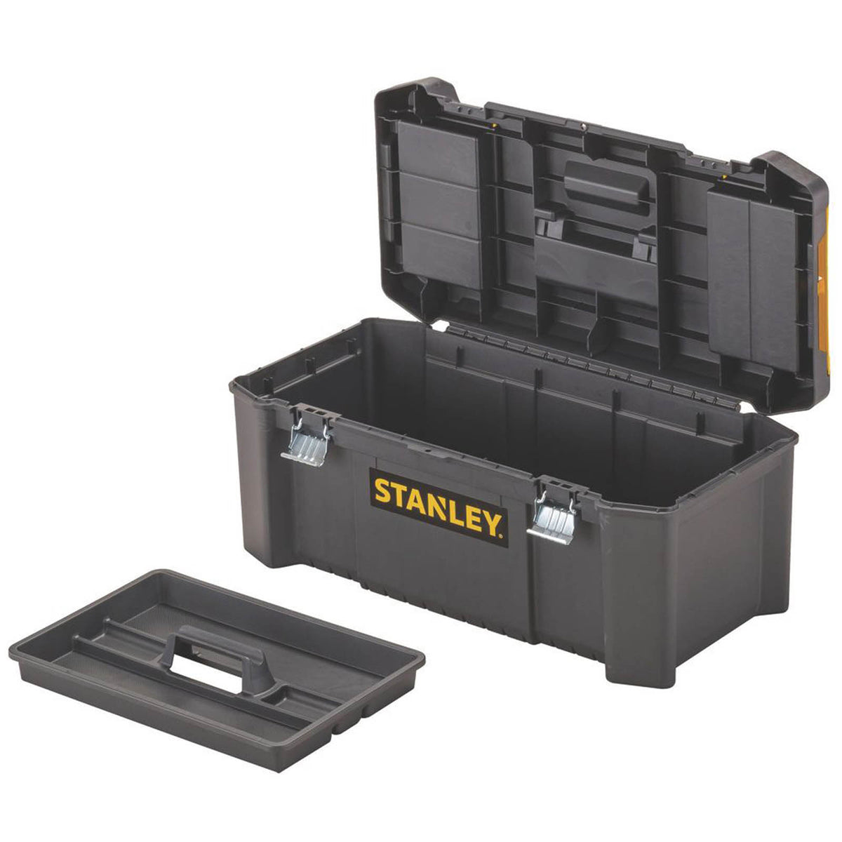 Stanley Tool Box Plastic Black Hinged Lid Removable Tray Water Resistant 26in - Image 2