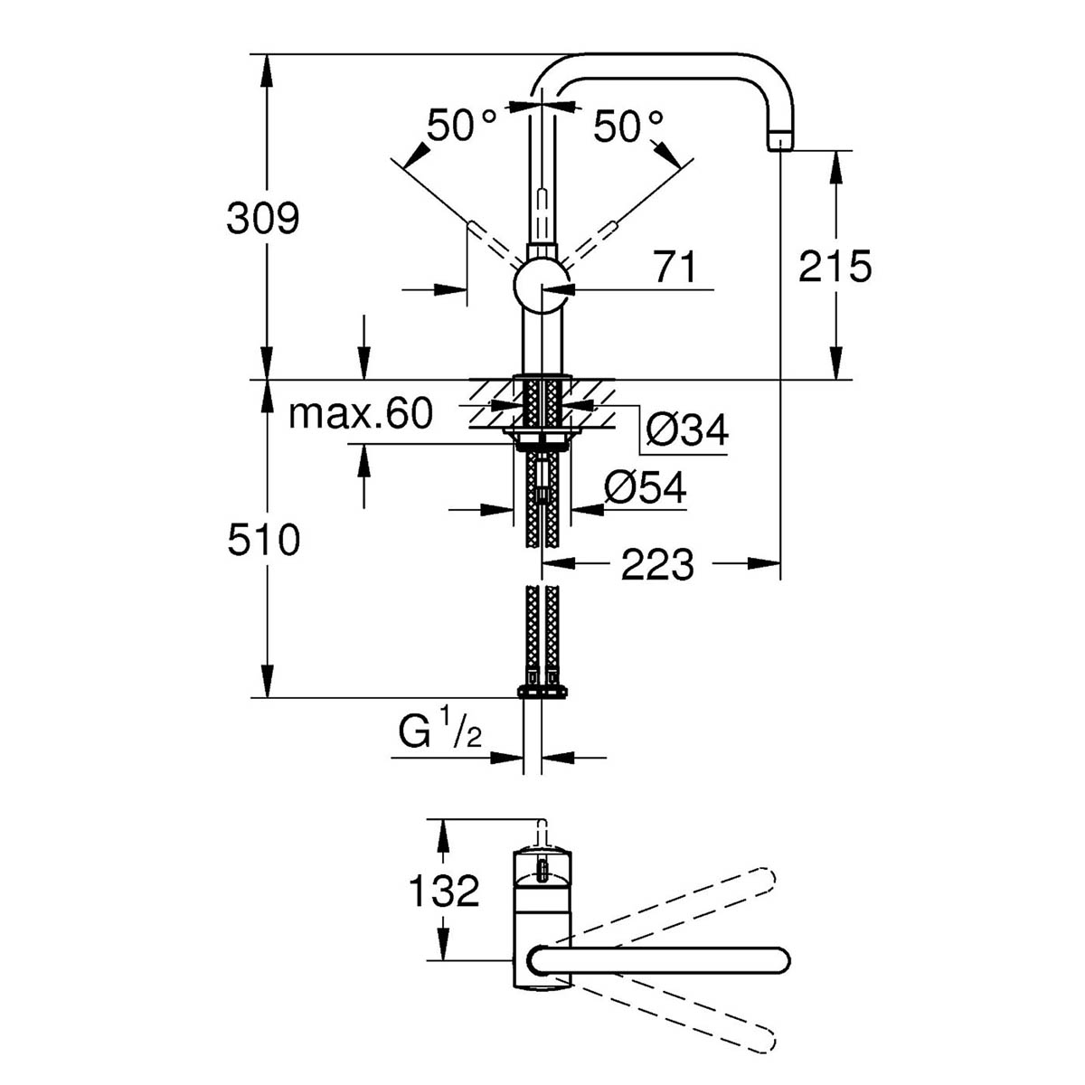 Grohe Kitchen Tap Monobloc Mixer Chrome Single Lever Swivel Spout Modern Faucet - Image 2