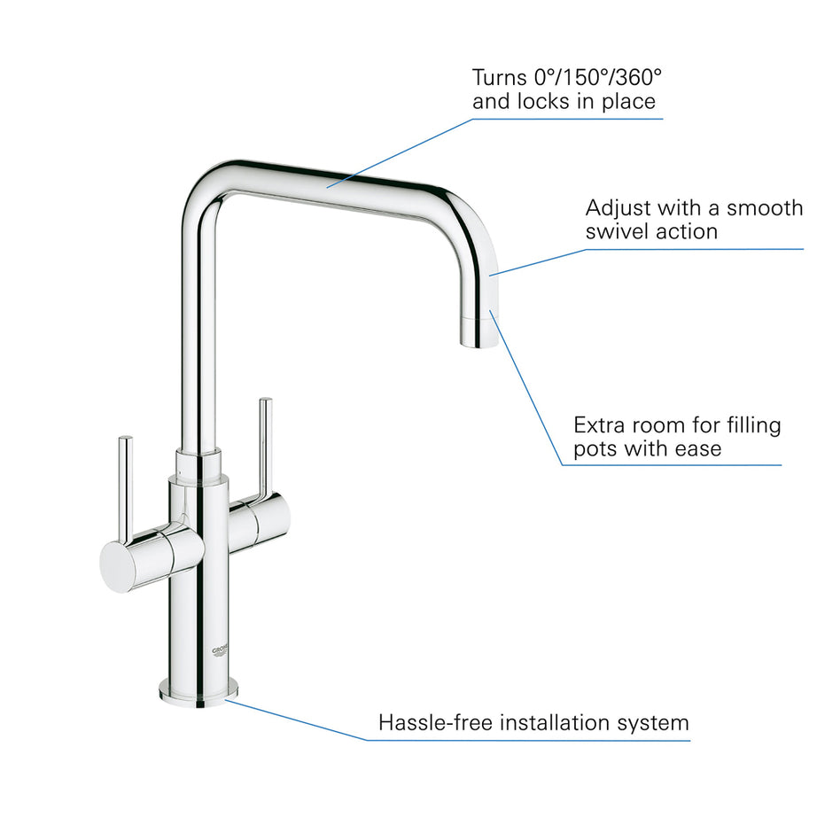 Grohe Kitchen Tap Monobloc Mixer Chrome Dual Lever Brass Contemporary Faucet - Image 3