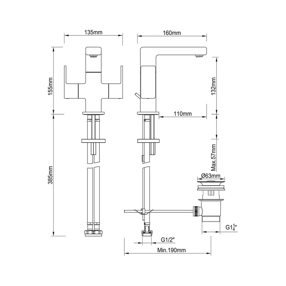 Bathroom Basin Mixer Tap Monobloc Brass Chrome Square With Waste Modern - Image 4