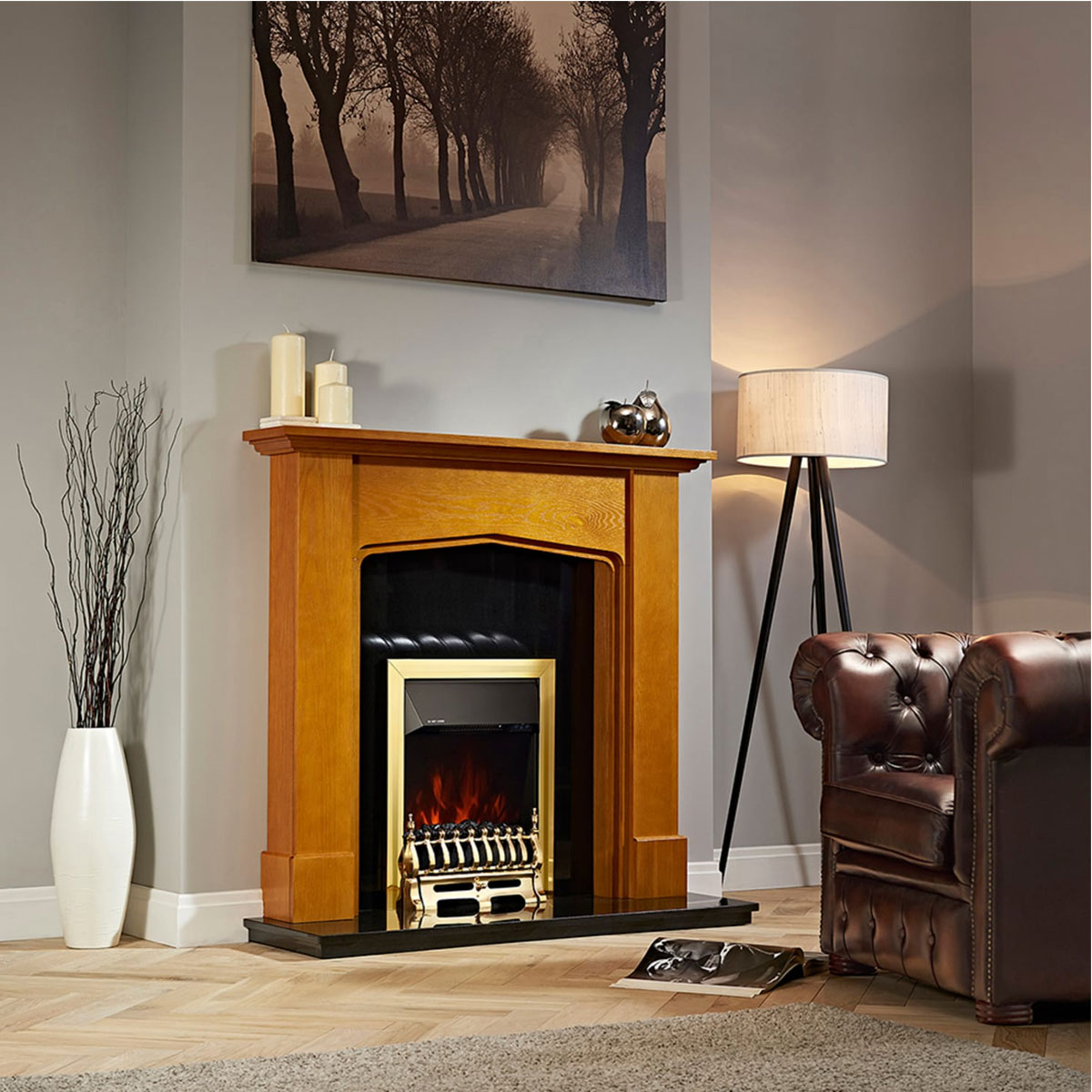 Electric Fireplace Inset Heater Realistic Flame Effect Brass Remote Control 2kW - Image 3