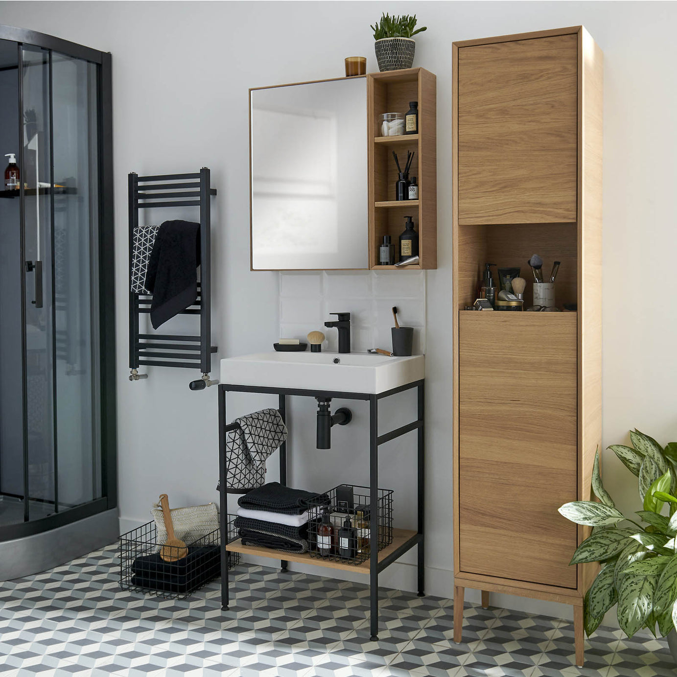 Bathroom Single Cabinet Avela Tall Matt Oak Effect Storage Cupboard H170xW40cm - Image 2